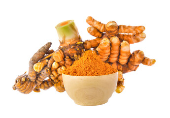 turmeric root and dry tumeric in wood bowl on transparent png