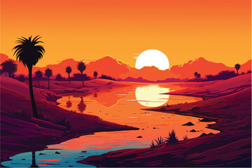 sunset over the river in the desert with palm trees