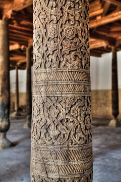 Close-up detail of the decorative design on a Karagacha (column) in the interior of Juma Mosque in Itchan Kala, a UNESCO World Heritage Site; Khiva, Uzbekistan