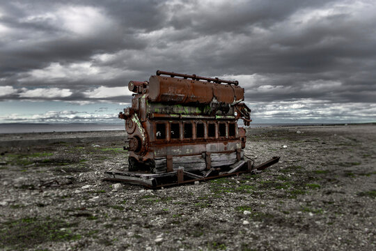 Abandoned ship engine on beach near Bear Cove, Newfoundland, Canada; Newfoundland and Labrador, Canada