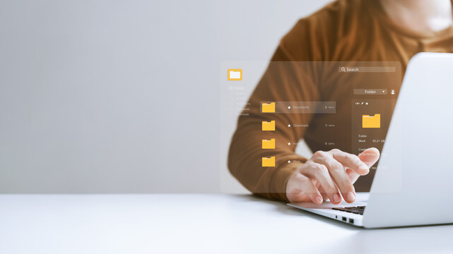 Document management concept. Virtual screen icons Document Management System DMS Online document database, software for efficient archiving, searching and management of company files and data.