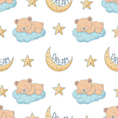 Seamless pattern teddy bear sleeps on a cloud, moon and stars. Baby Colorful Wallpaper. Great for Baby Pajamas or Bedding.