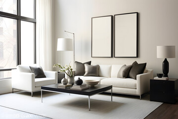 modern living room with 2 empty picture frames