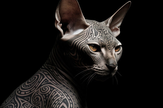 Tattoo studio concept. Closeup of Sphynx cat with Maya body tattoo on black background. AI generative