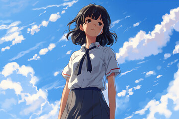 A high school girl and blue sky, Japanese anime style, Generative AI