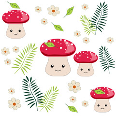 Cute fly agaric, fern leaves and flowers on a white background. Colorful natural seamless pattern.