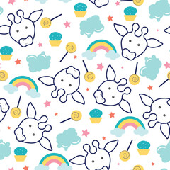Vector cute kawaii doodle animal collection cartoon seamless pattern set background