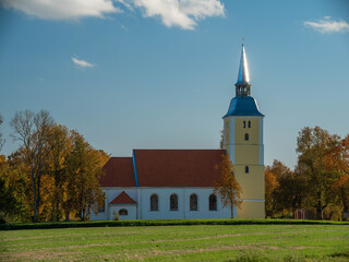 Mežotne Lutheran Church in Latvia at suny day