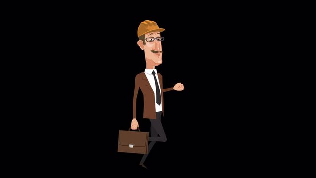 Cartoon design engineer character with briefcase running cycle animation with alpha channel