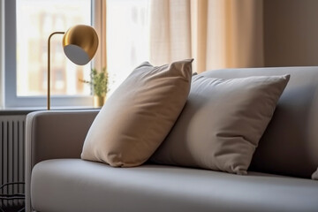 Pillow mockup. Modern living room interior design. Super photo realistic background, generative ai illustration.