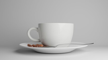A white cup of coffee with teaspoon and coffee beans on white background