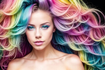 LGBTQ with short colored hair, pride month rainbow flag colors, close up face portrait of happy beautiful girl with colorful hair