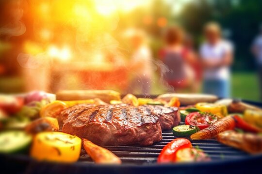 Illustration of people grilling and socializing around a barbecue in a backyard created with Generative AI technology