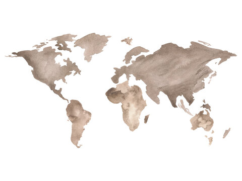 World map in watercolor. Rough outlines of continents and countries. Brown spots symbolize the land. Atlas of the planet Earth. Hand-drawn with a brush. Isolated on a white background