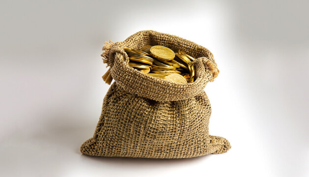 A bag of gold coins isolated on a white background. Coins in a linen bag. Treasure Bag. Money is isolated