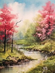 Fototapeta premium Spring watercolor landscape depicting trees and a stream