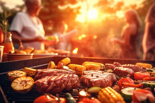 Illustration of a sizzling grill with a variety of meats and vegetables cooking on it created with Generative AI technology