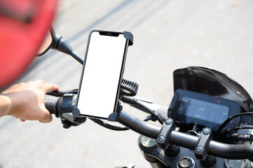 smart phone mount on motorcycle mock up, riding a motorcycle with smartphone map navigation...