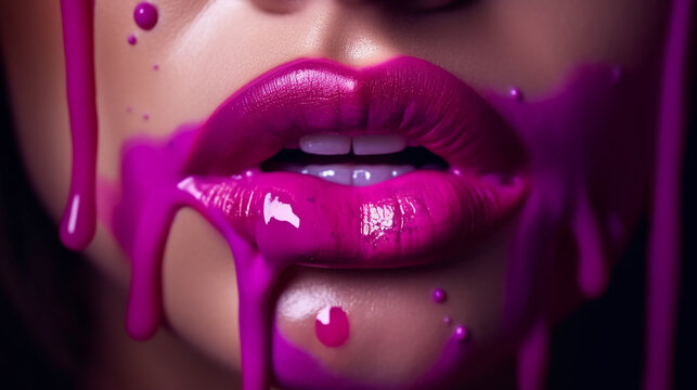 Batom rosa pingando. A tinta pinga dos l&aacute;bios, o brilho labial escorre dos l&aacute;bios sensuais, o l&iacute;quido roxo cai em lindos