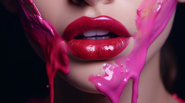 Batom rosa pingando. A tinta pinga dos l&aacute;bios, o brilho labial escorre dos l&aacute;bios sensuais, o l&iacute;quido roxo cai em lindos