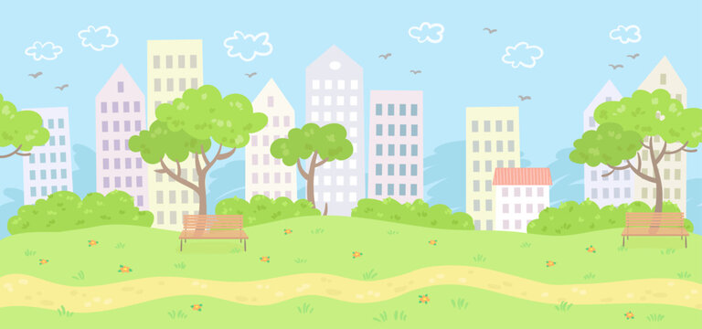 Road in a summer city park. Green trees, bushes, grass, flowers and benches. In cartoon style. Vector flat illustration.