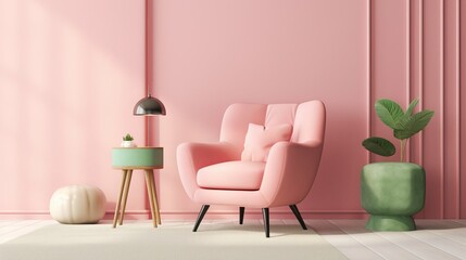 Minimalist Pink Bedroom with a Green Armchair Rug