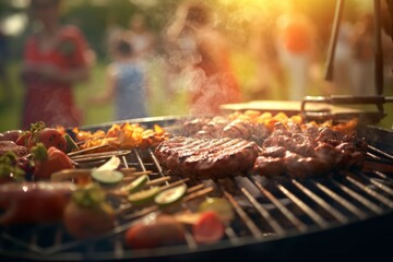 Illustration of people grilling and socialising around a barbecue in a backyard created with Generative AI technology