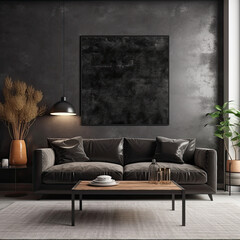 Home interior mock-up with sofa and décor, black stylish loft living room 