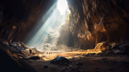Inside the majestic cave during the early morning hours. Generative AI