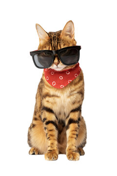 Bengal cat in sunglasses and neckerchief isolated on background.