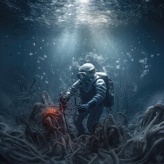 Fototapeta na wymiar Man explores the depths of the ocean
