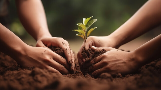 Plante, solo e trabalho em equipe com as m&atilde;os de empres&aacute;rios para suporte, terra ou meio ambiente. Colabora&ccedil;&atilde;o, crescimento e investimento com close-up de funcion&aacute;rios para sustentabilidade, parceria