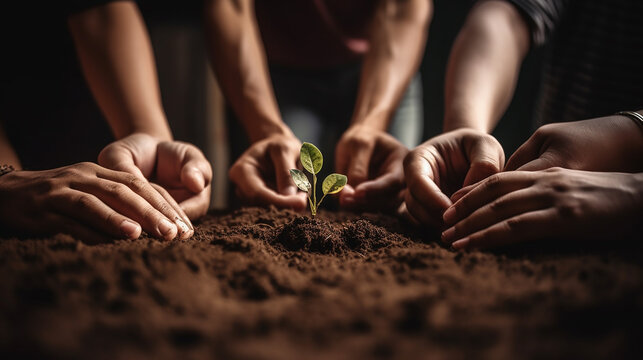 Plante, solo e trabalho em equipe com as m&atilde;os de empres&aacute;rios para suporte, terra ou meio ambiente. Colabora&ccedil;&atilde;o, crescimento e investimento com close-up de funcion&aacute;rios para sustentabilidade, parceria