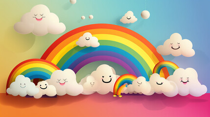 fundo infântil arco irís  colorido com nuvens felizes, 