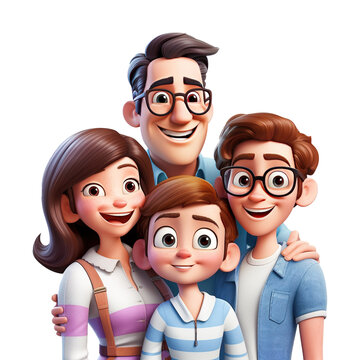 Happy Cartoon Family With Father, Mother, Daughter And Son. Cartoon Clipart Character On Transparent Background. Generative AI