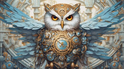 Fototapeta premium Gilded Owl: A Majestic Fusion of Gold and Gears