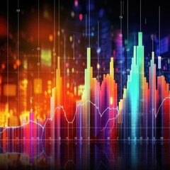 Fototapeta premium Technical price graph and indicator, red and green candlestick chart on blue theme screen, market volatility, up and down trend. Stock trading, crypto currency background