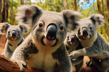 funny koala looking at camera selfie sweet bears - obrazy, fototapety, plakaty