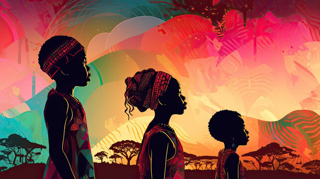 Dramatic Illustration of African American children with colorful background elements. Black History Is American History.