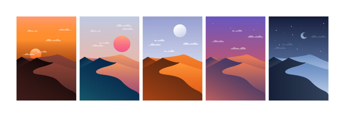 Desert landscape in different day time. Nature posters sand hills with sun moon, morning sunrise noon night sunset. Vector set