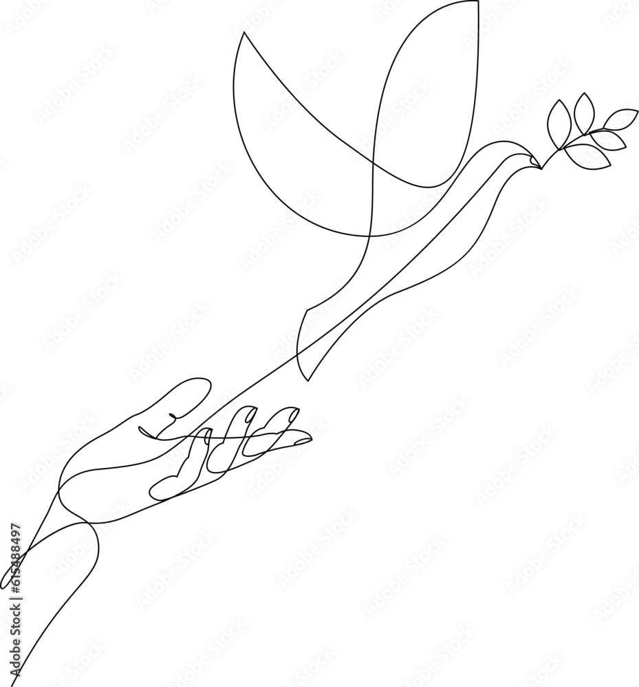 Poster continuous one line drawing of releasing a dove with olive branch from hand to flight. peace day con