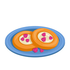 Vatrushka. Dough pastry stuffed with cottage cheese, decorated with raspberries. Dessert. Vector graphic.