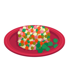 Olivier. Boiled vegetable salad, canned peas, eggs and meat or sausage. Vector graphic.