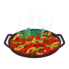 Fajitas. Dish of meat and vegetables, striped on a pan. Vector graphic.