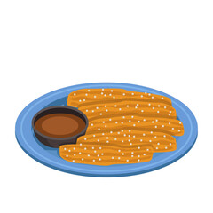 Churros. Sweet roasted pastry dough with sugar and chocolate sauce. Dessert. Vector graphic.	