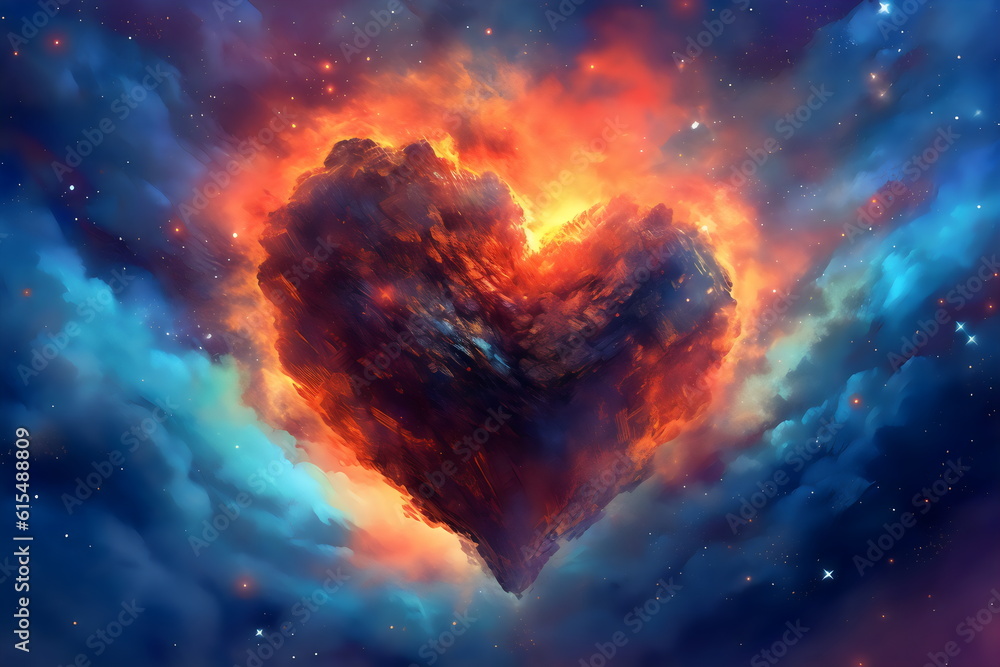 Wall mural floating heart galaxy in space, grunge painting made with generative ai