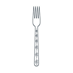 Dishes. Table fork with four prongs and a floral ornament on the handle. Line art.