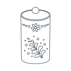 Dishes. Jar for sugar, spices, seasonings with floral ornament. Line art.