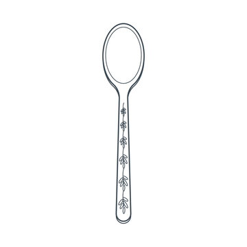 Dishes. A tablespoon with a floral ornament on the handle. Line art.