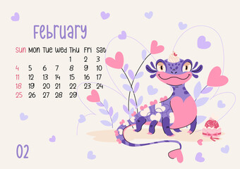 Horizontal calendar page for February 2024 with cute romance dragon. Isolated on beige background. The symbol of the year of dragon. Week starts on Sunday. Vector illustration flat cartoon character